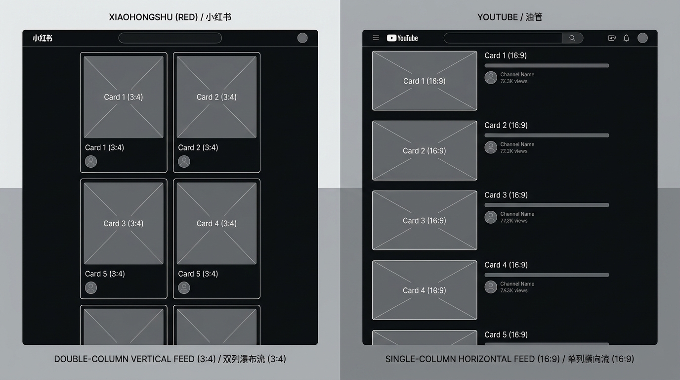Layout comparison: Xiaohongshu double-column waterfall vs. YouTube single-column list