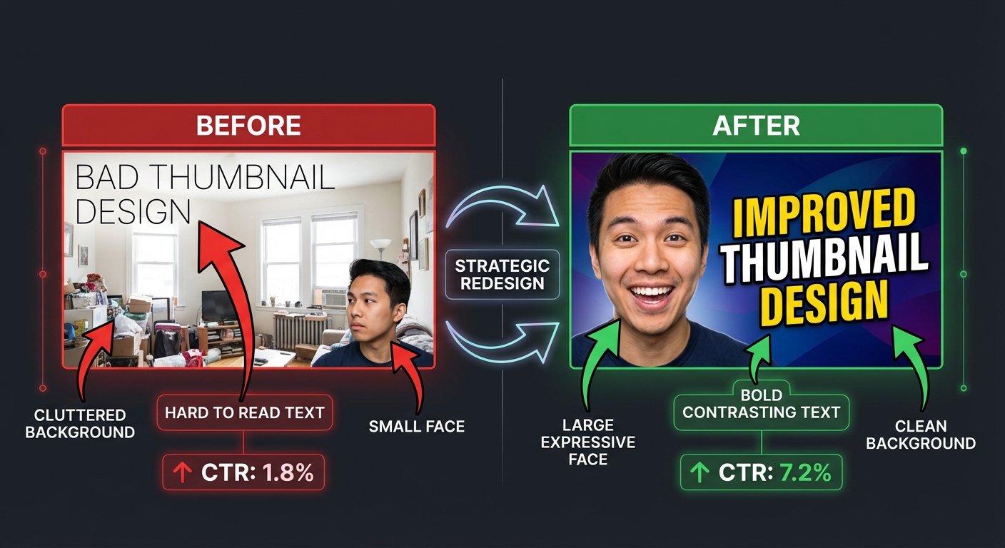 YouTube缩略图优化前后对比：CTR从1.8%提升到7.2%